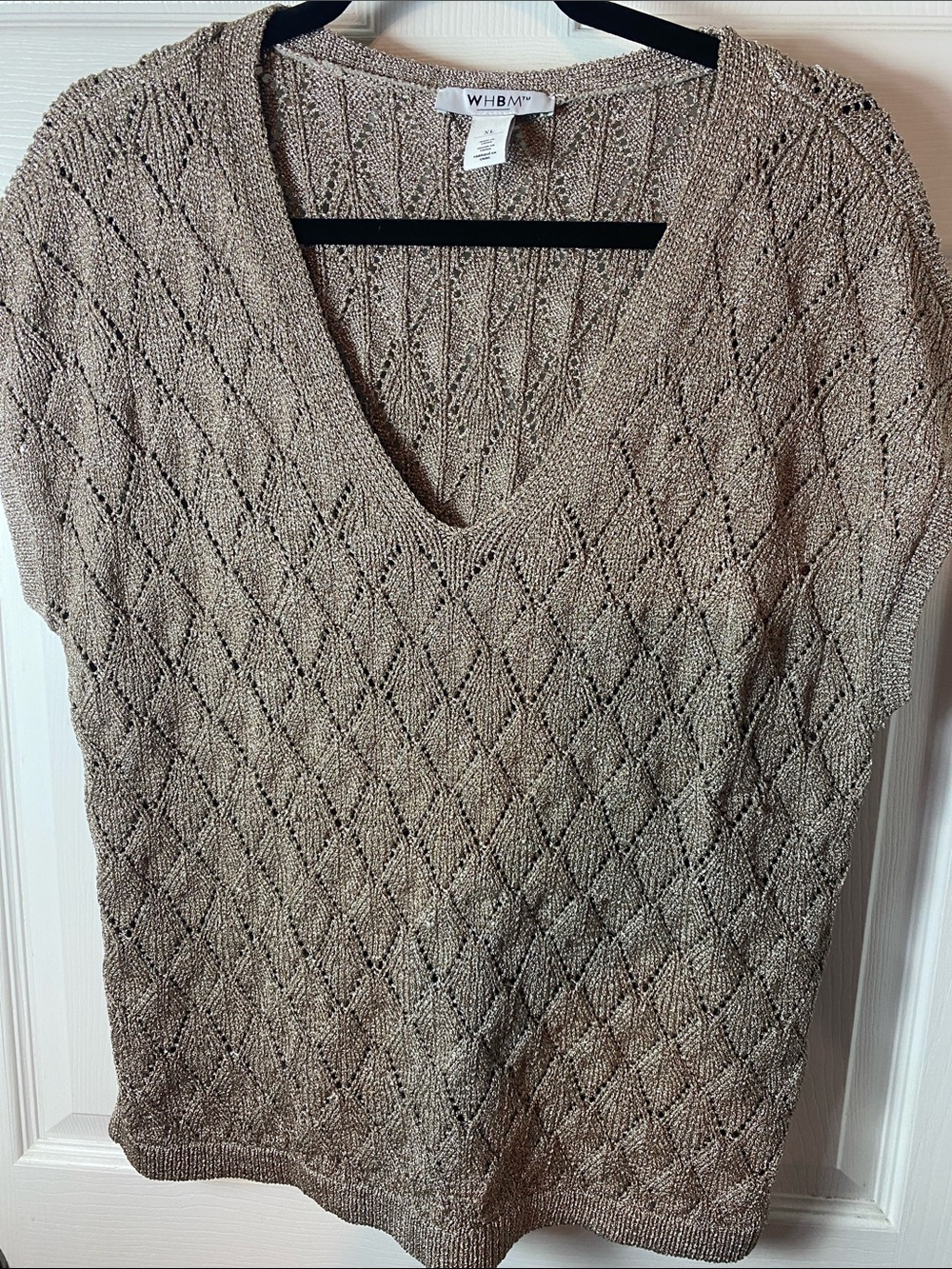 White House Black Market Taupe Openwork V-Neck Knit Sweater Size XL